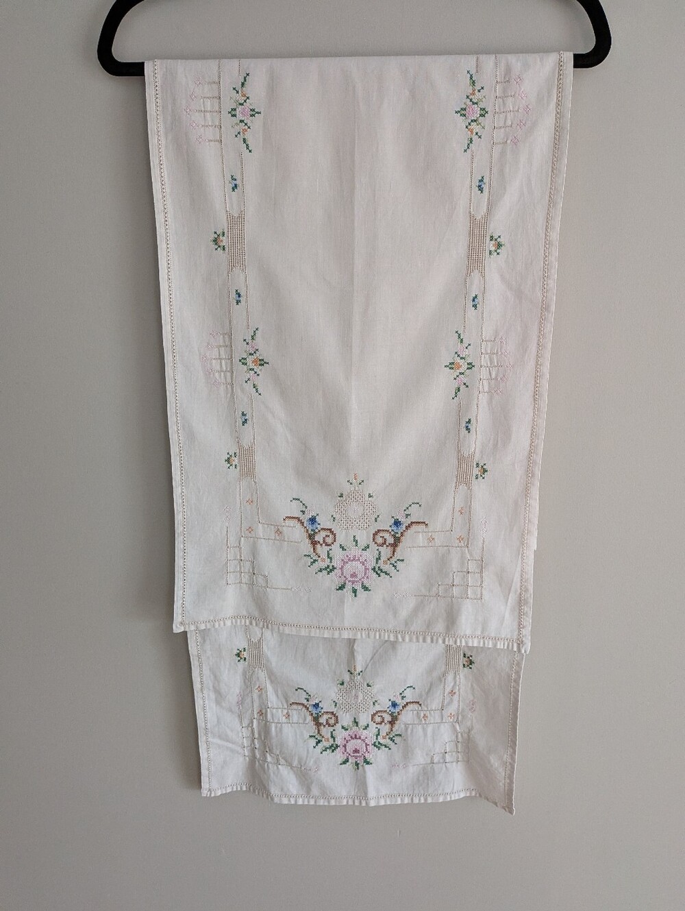 vintage set of 2 embroidered linen table runners hand cross-stitched Florals